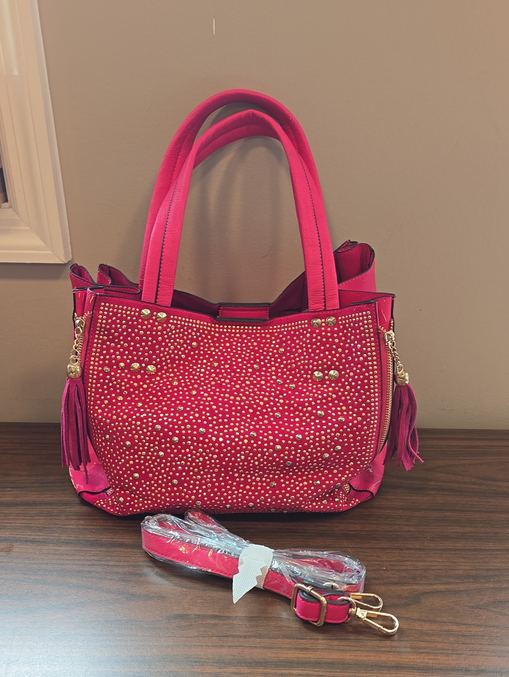 Hot Pink Studded Tote Handbag with Tassels